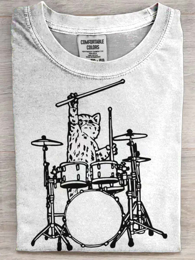 Cute Cat Drums Casual Printed Short Sleeve T-Shirt