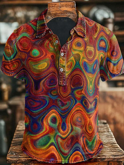 Vintage Art Colorful Water Wave Casual Printed Short Sleeve Polo Shirt