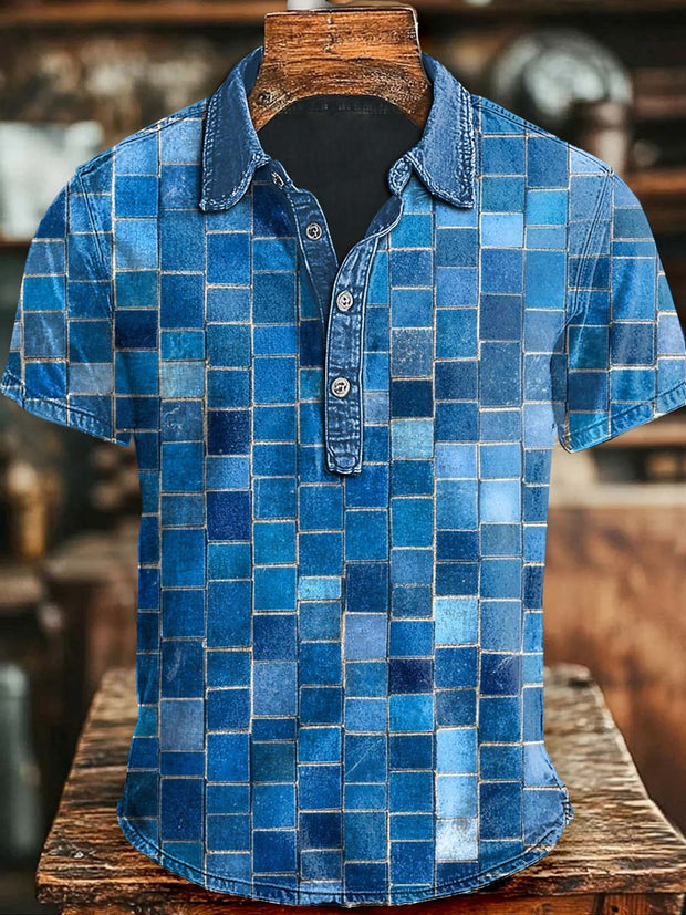Art Irregular Squares Casual Printed Short Sleeve Polo Shirt