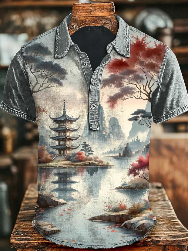 Japanese Scenery Landscape Casual Printed Short Sleeve Polo Shirt