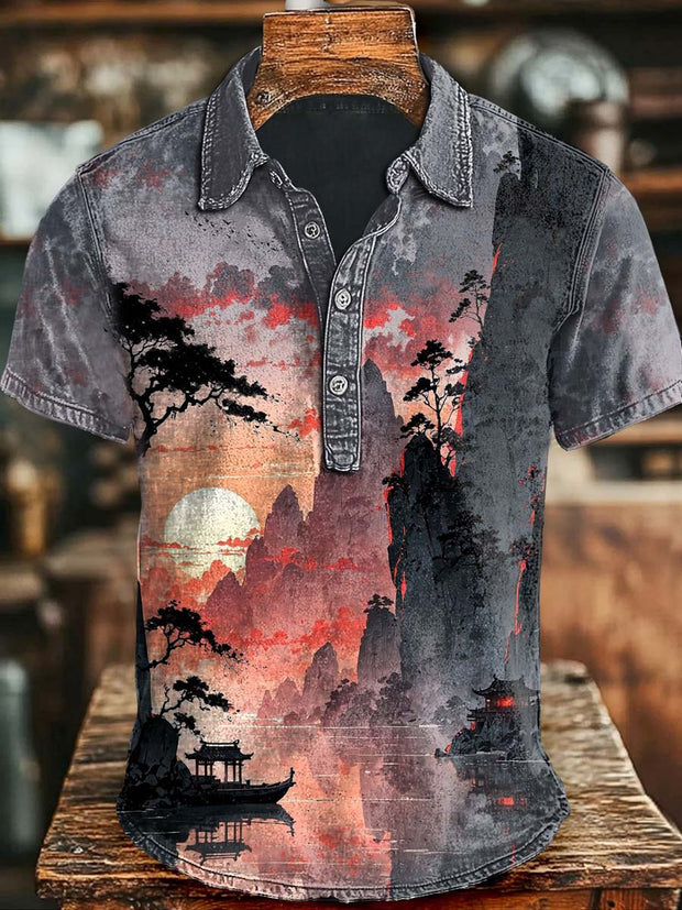 Japanese Scenery Landscape Casual Printed Short Sleeve Polo Shirt