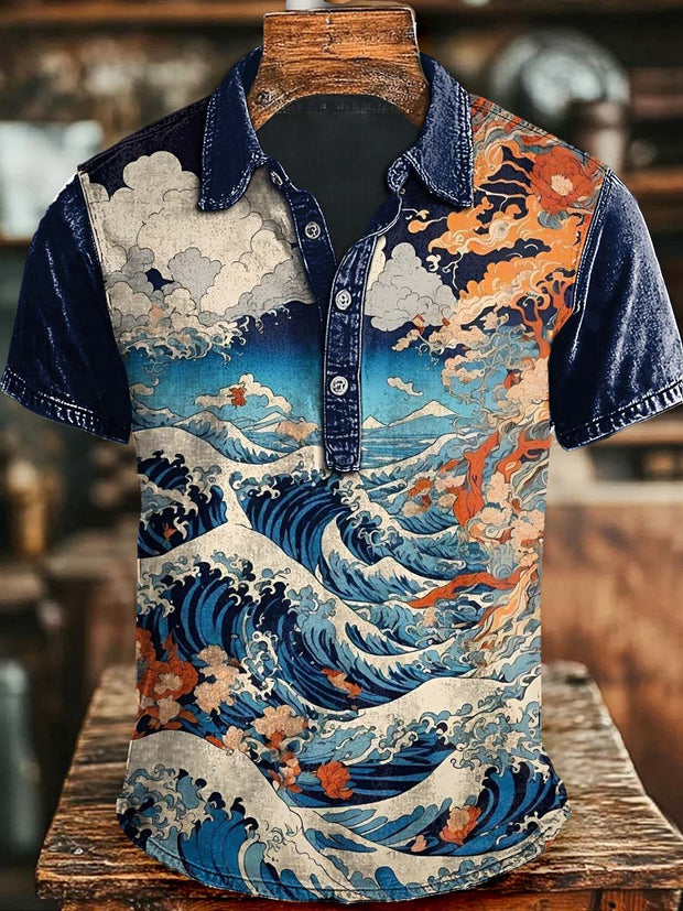 Japanese Hokusai Print Short Sleeve Polo Shirt