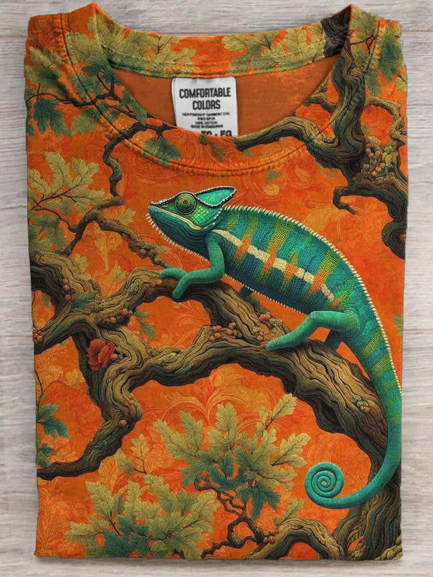 Vintage Chameleon Print Casual Short Sleeve T-Shirt