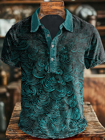 Gradient Abstract Wave Print Short Sleeve Polo Shirt