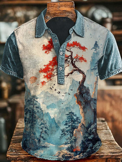 Japanese Scenery Landscape Casual Printed Short Sleeve Polo Shirt