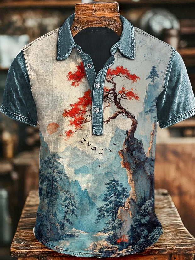 Japanese Scenery Landscape Casual Printed Short Sleeve Polo Shirt