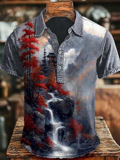 Japanese Scenery Landscape Casual Printed Short Sleeve Polo Shirt