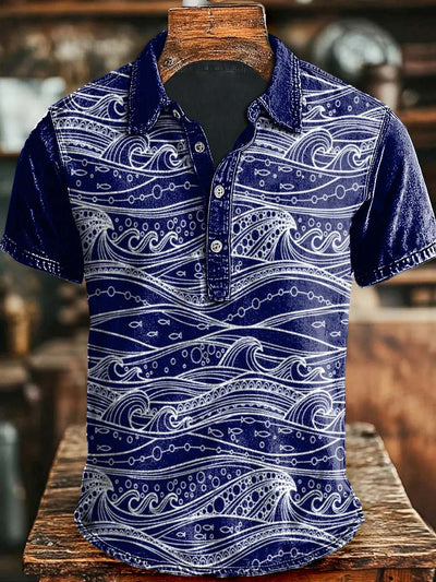 Japanese Abstract Wave Print Short Sleeve Polo Shirt