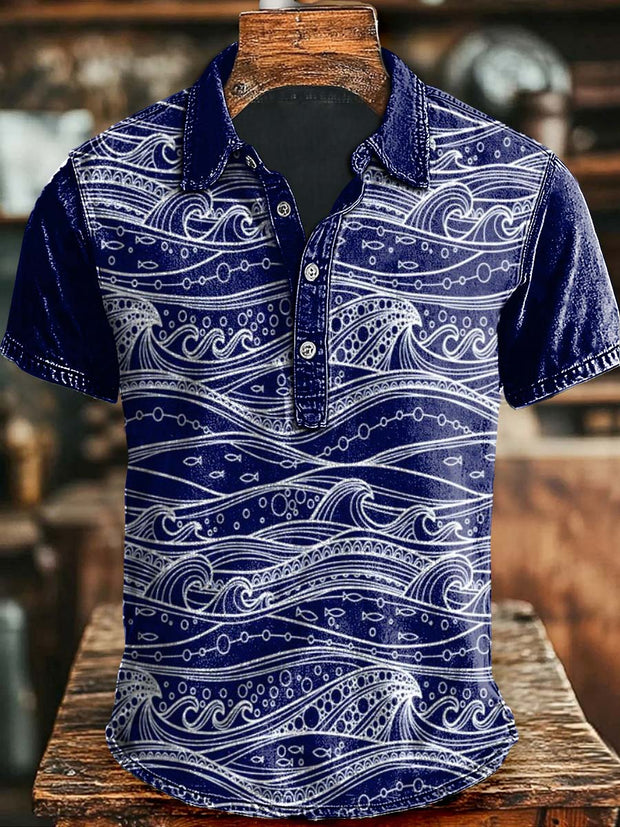 Japanese Abstract Wave Print Short Sleeve Polo Shirt