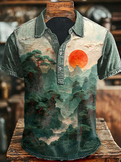 Vintage Japanese Landscape Landscape Casual Printed Short Sleeve Polo Shirt