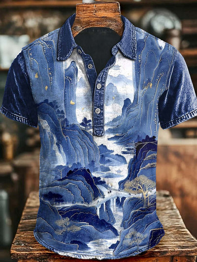 Japanese Scenery Landscape Casual Printed Short Sleeve Polo Shirt
