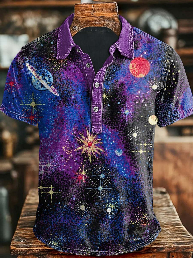 Abstract Galaxy Print Short Sleeve Polo Shirt