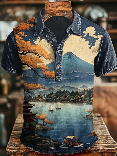 Vintage Japanese Landscape Volcano Casual Printed Short Sleeve Polo Shirt