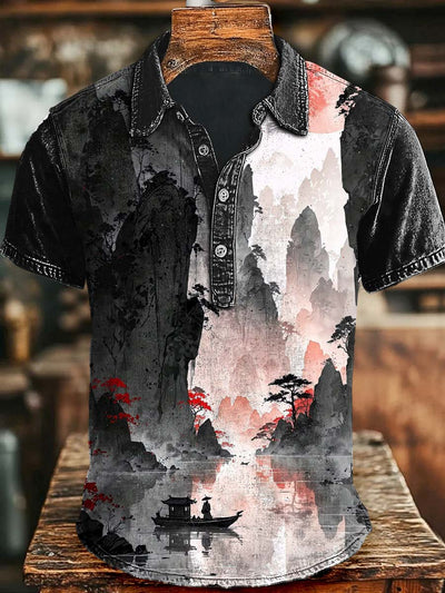 Japanese Scenery Landscape Casual Printed Short Sleeve Polo Shirt