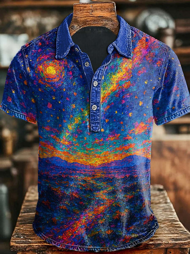 Colorful Sunset Print Short Sleeve Polo Shirt