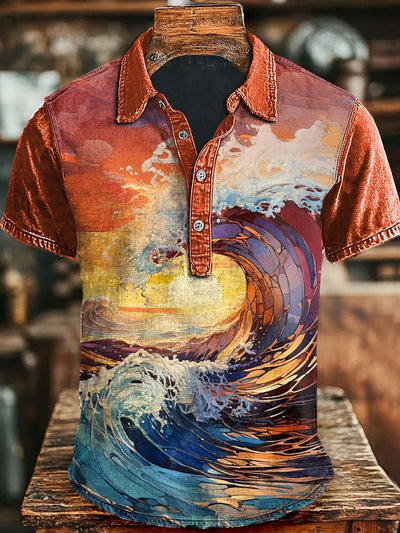 Sunset Waves Casual Print Short Sleeve Polo Shirt