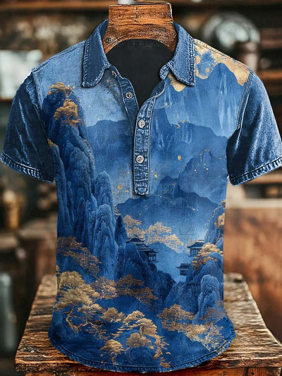 Japanese Scenery Landscape Casual Printed Short Sleeve Polo Shirt