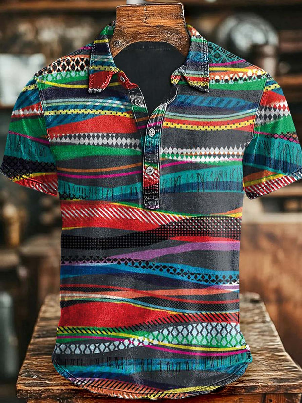 Vintage Colorful Abstract Stripe Print Casual Short Sleeve Polo Shirt