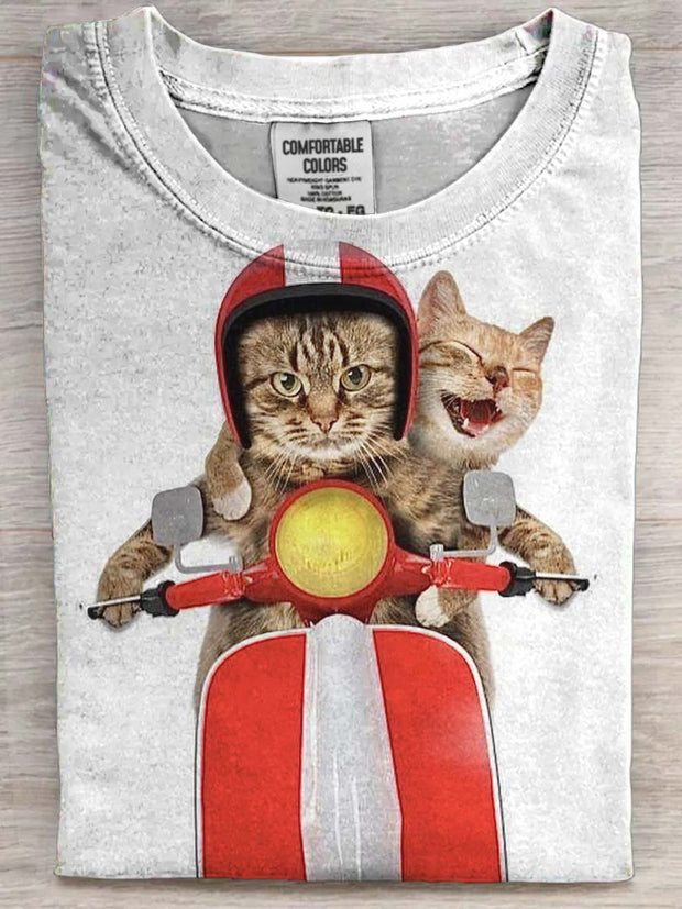 Biking Cat Print Casual Short Sleeve T-Shirt