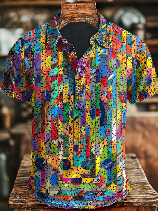 Vintage Colorful Abstract Stripe Print Casual Short Sleeve Polo Shirt