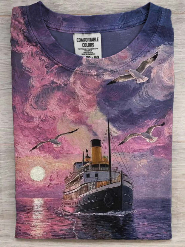 Sunset Seagull Sailboat Print Casual Short Sleeve T-Shirt