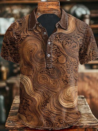 Vintage Sculpted Textured Print Casual Short Sleeve Polo Shirt