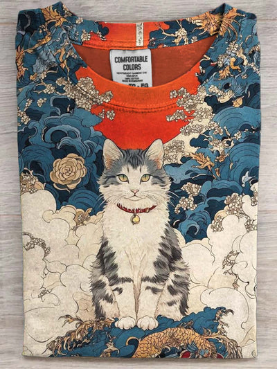 Japanese Cat Print Casual Short Sleeve T-Shirt