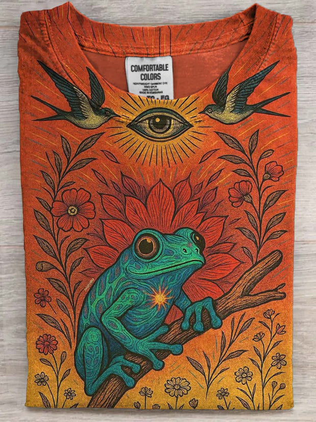 Vintage Floral Frog Print Casual Short Sleeve T-Shirt
