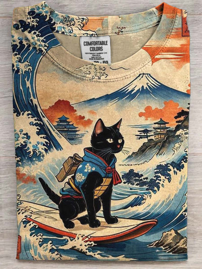 Cat Vintage Japanese Scenery Print Casual Short Sleeve T-Shirt