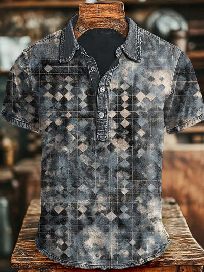 Vintage Aged Gradient Diamond Check Print Casual Short Sleeve Polo Shirt