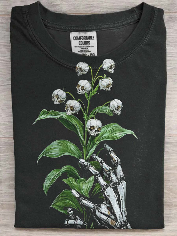 Abstract Skull Flower Print Casual Short Sleeve T-Shirt