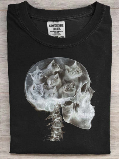Fun Abstract Skull Cat Print Casual Short Sleeve T-Shirt