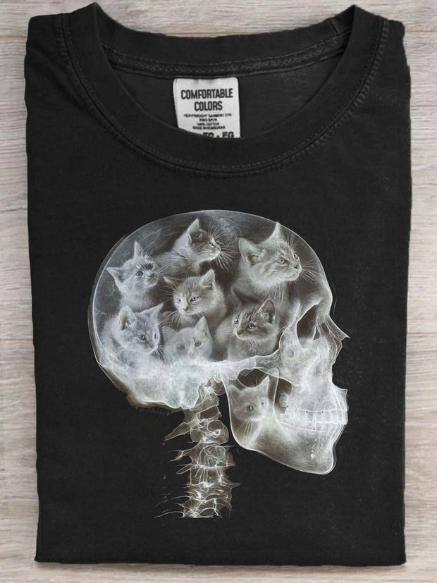 Fun Abstract Skull Cat Print Casual Short Sleeve T-Shirt