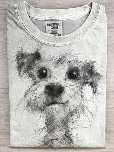 Cute Line Puppy Print Casual Short Sleeve T-Shirt