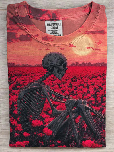 Sunset Floral Skull Print Casual Short Sleeve T-Shirt