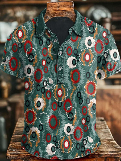 Vintage Floral Print Casual Short Sleeve Polo Shirt