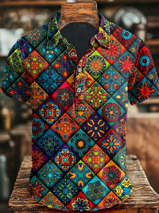 Vintage Colorful Lattice Floral Print Casual Short Sleeve Polo Shirt