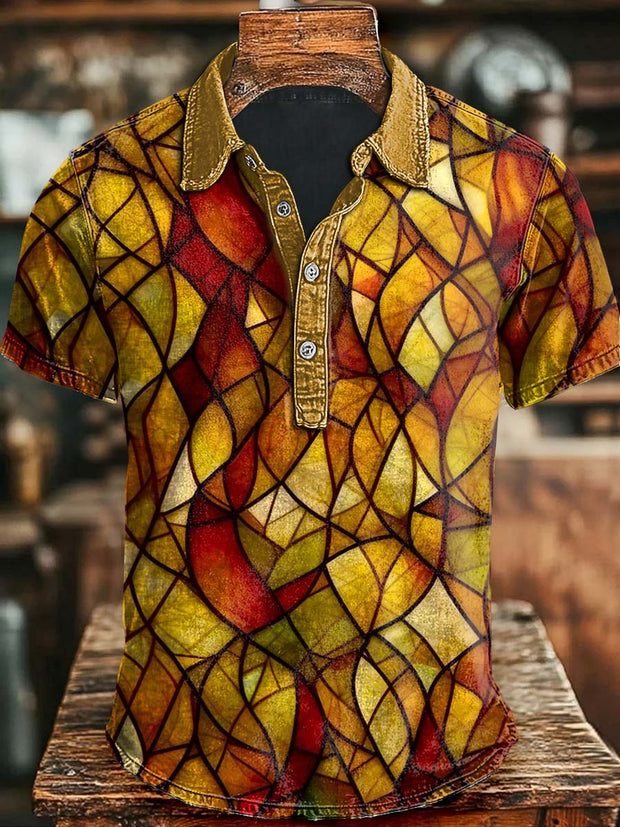 Abstract Window Flower Print Casual Short Sleeve Polo Shirt
