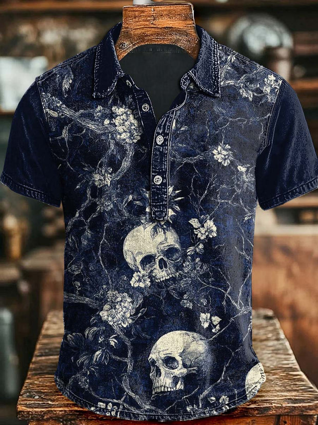 Vintage Skull Floral Print Casual Short Sleeve Polo Shirt