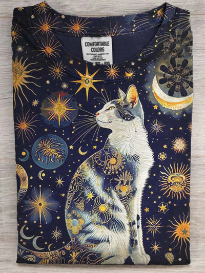 Starry Cat Casual Printed Short Sleeve T-Shirt