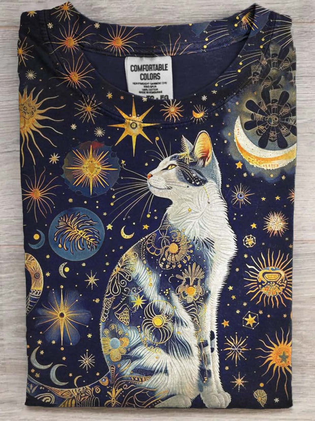 Starry Cat Casual Printed Short Sleeve T-Shirt