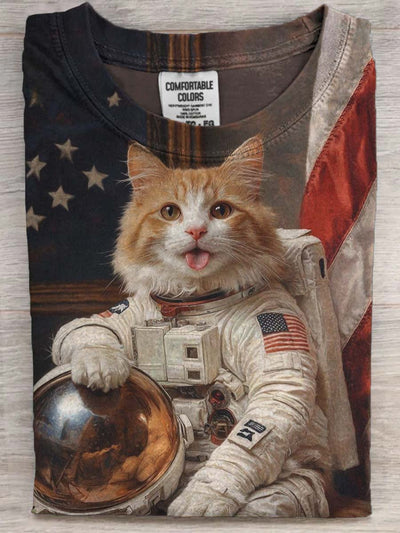 Cat Astronaut Casual Printed Short Sleeve T-Shirt
