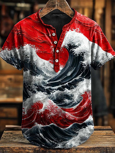 Vintage Japanese Wave Print Casual Short Sleeve Polo Shirt