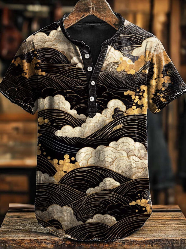Vintage Japanese Wave Print Casual Short Sleeve Polo Shirt