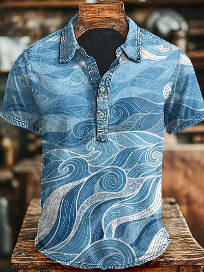 Japanese Abstract Wave Print Casual Short Sleeve Polo Shirt