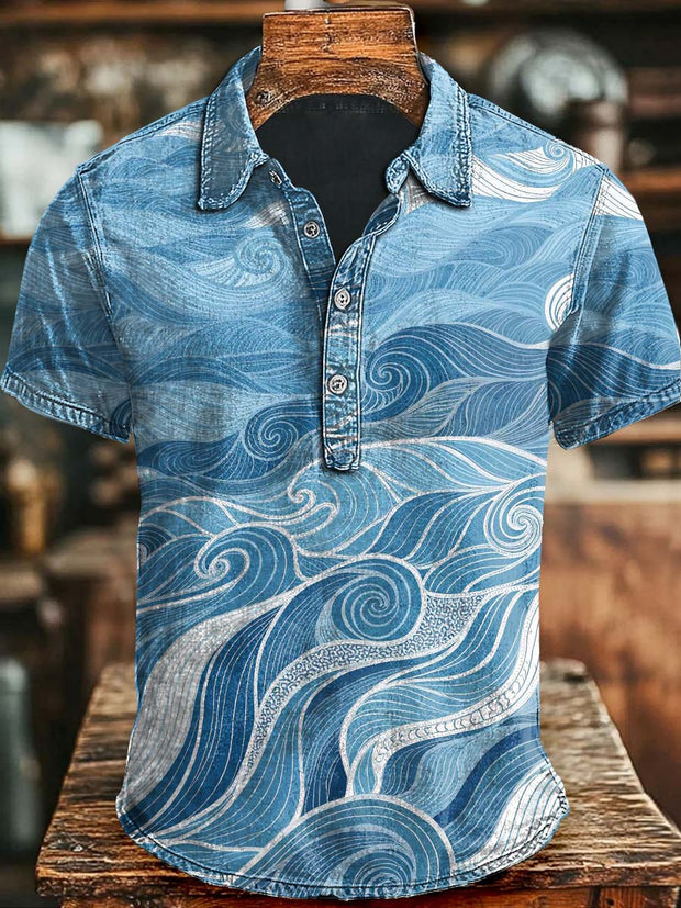 Japanese Abstract Wave Print Casual Short Sleeve Polo Shirt