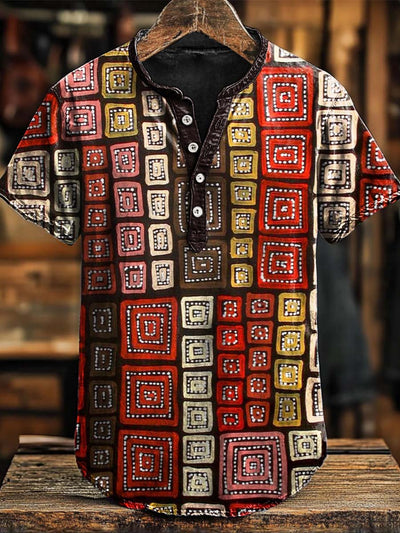Vintage Abstract Pattern Print Casual Short Sleeve Polo Shirt