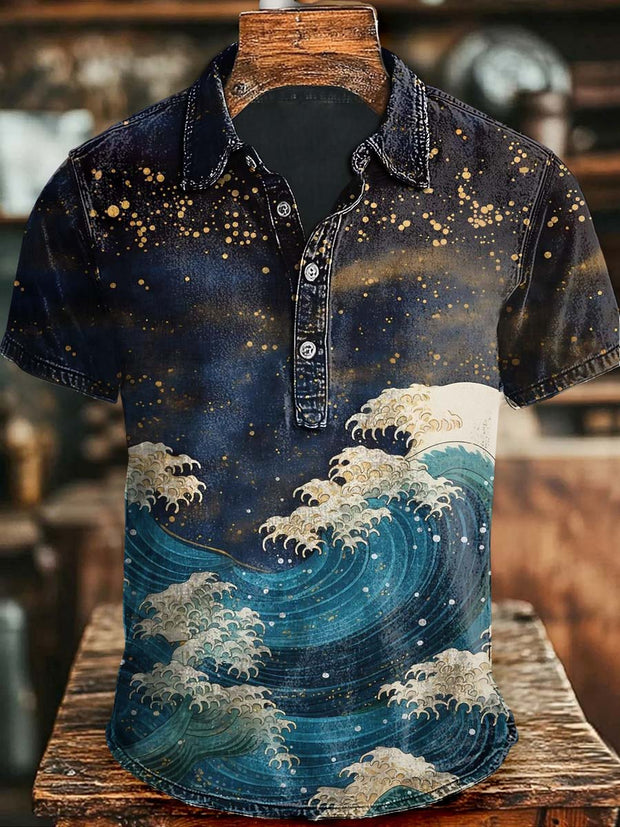 Japanese Abstract Wave Print Casual Short Sleeve Polo Shirt