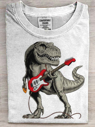 Funny Dinosaur Guitarist Casual Printed Short Sleeve T-Shirt