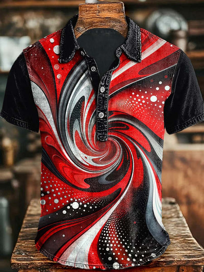Abstract Swirl Rotating Print Casual Short Sleeve Polo Shirt